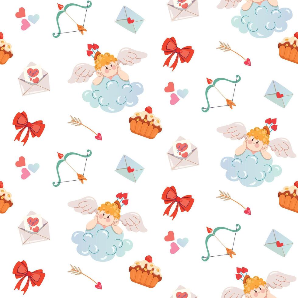 Valentines day seamless pattern with cupid, cake, love arrows, and letters. Cute repeated background for cards, Birthday and wedding decor, wrapping paper, packaging, and fabric. Vector illustration.