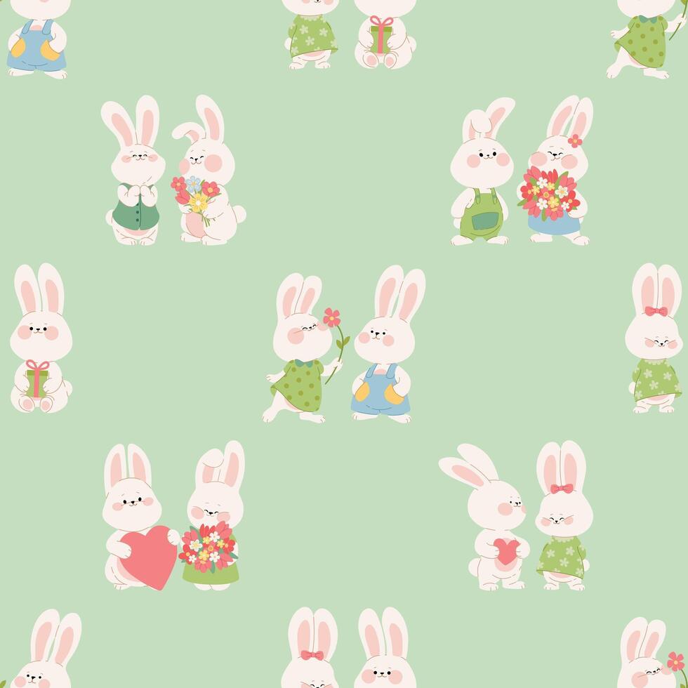 Seamless pattern with cute rabbit couples. Green background with cute characters, bunny girls, and bunny boys for wrapping paper, packages, fabric,  wedding invitation cards, and banners. vector