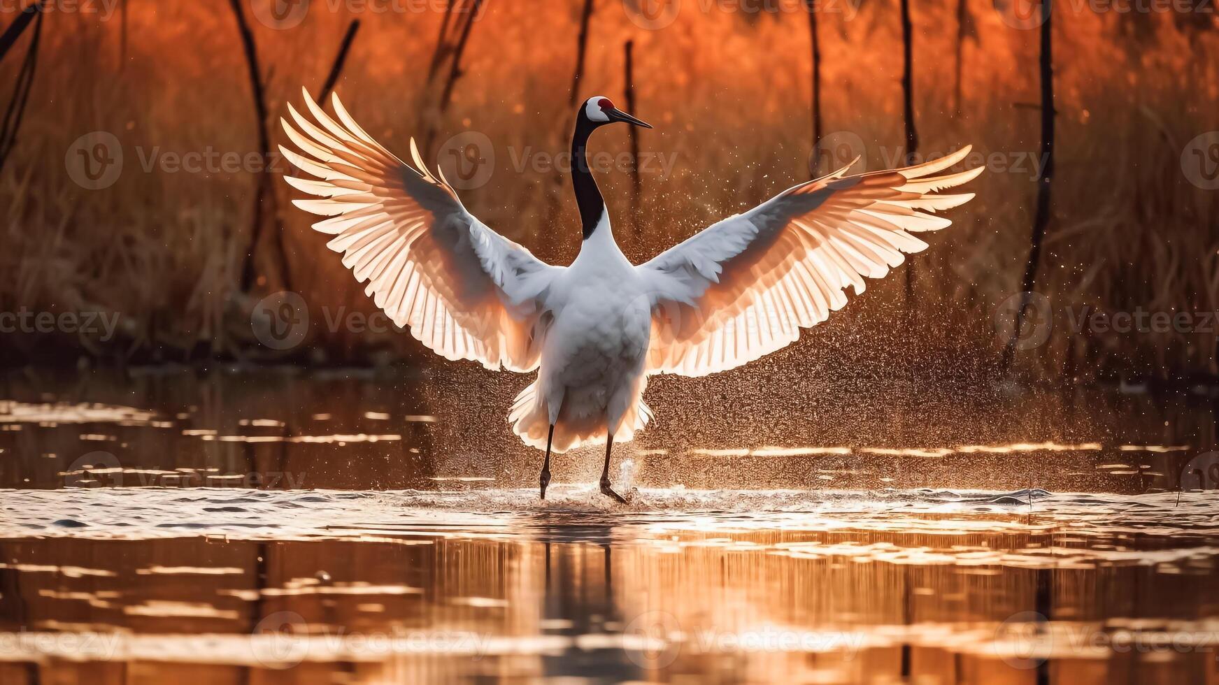 AI generated A Red-crowned crane, Grus japonensis, with wings outstretched on lake. photo