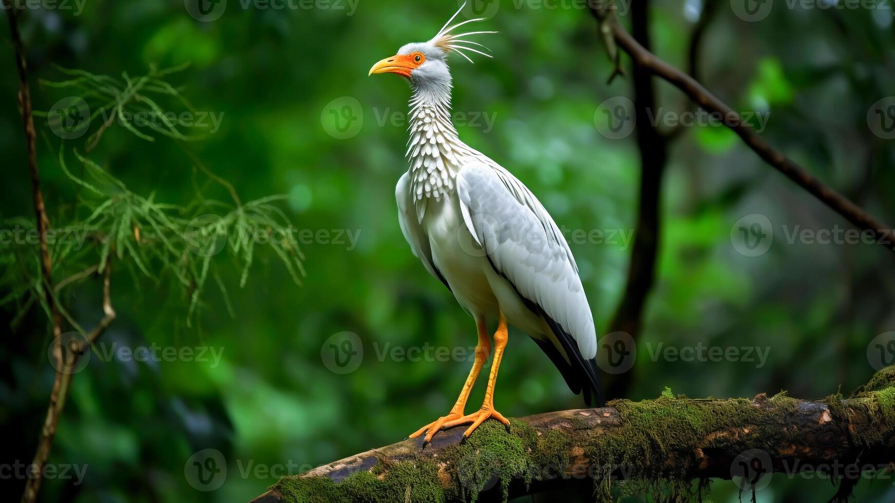 AI generated A secretarybird standing on a branch in the rainforest. photo