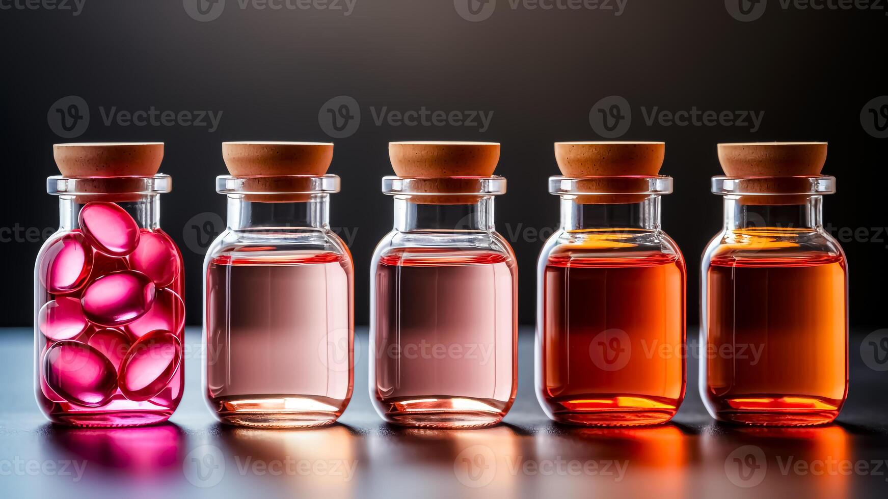 AI generated Glass vials with colorful liquid and pink pills on a black background. photo