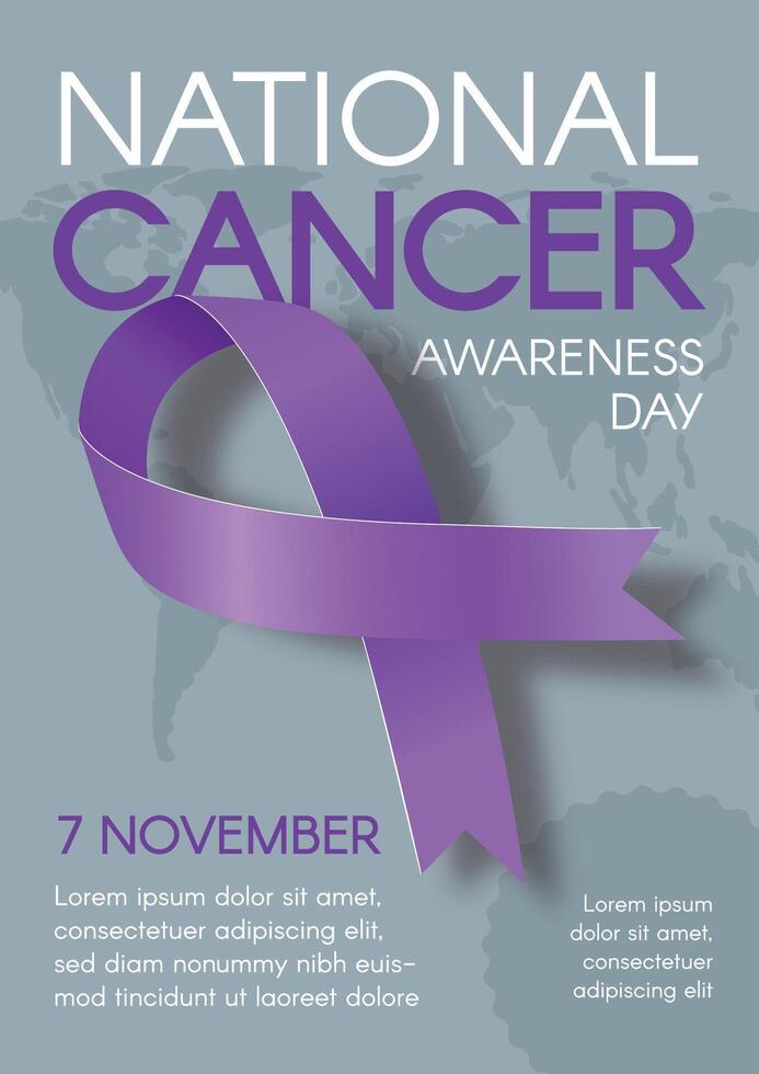 National Cancer Awareness Day. Vertical poster with purple ribbon and space for text. Vector flat illustration.