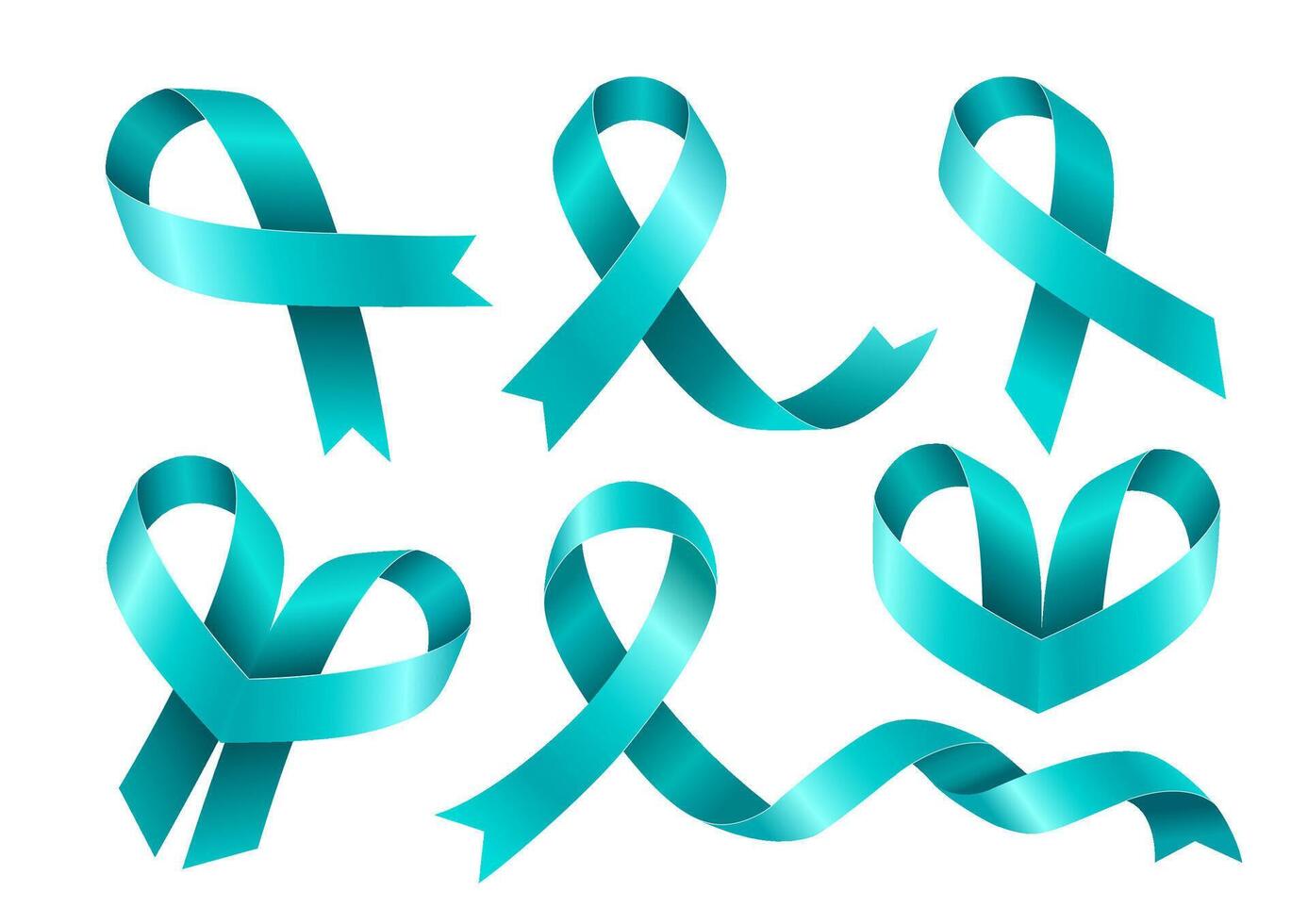 Set of Teal ribbons. Awareness for cervical cancer, Ovarian Cancer, Polycystic Ovary Syndrome PCOS, Post Traumatic Stress Disorder PTSD, Obsessive Compulsive Disorder OCD. Vector 3d illustration