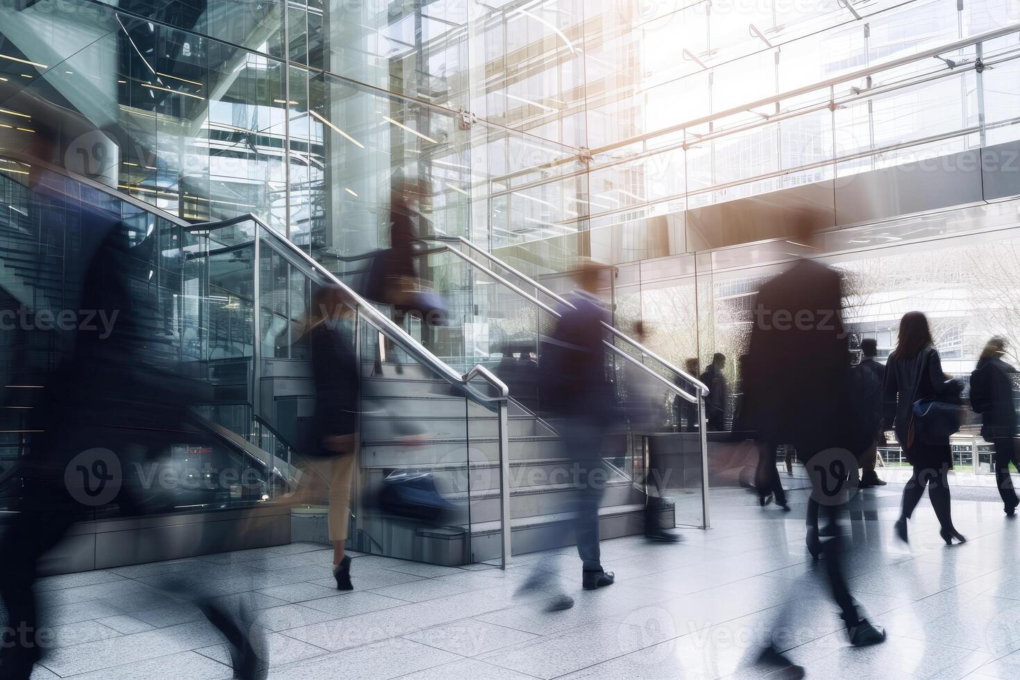 AI generated Blurred business people walking up and down stair outside office in fast movement photo