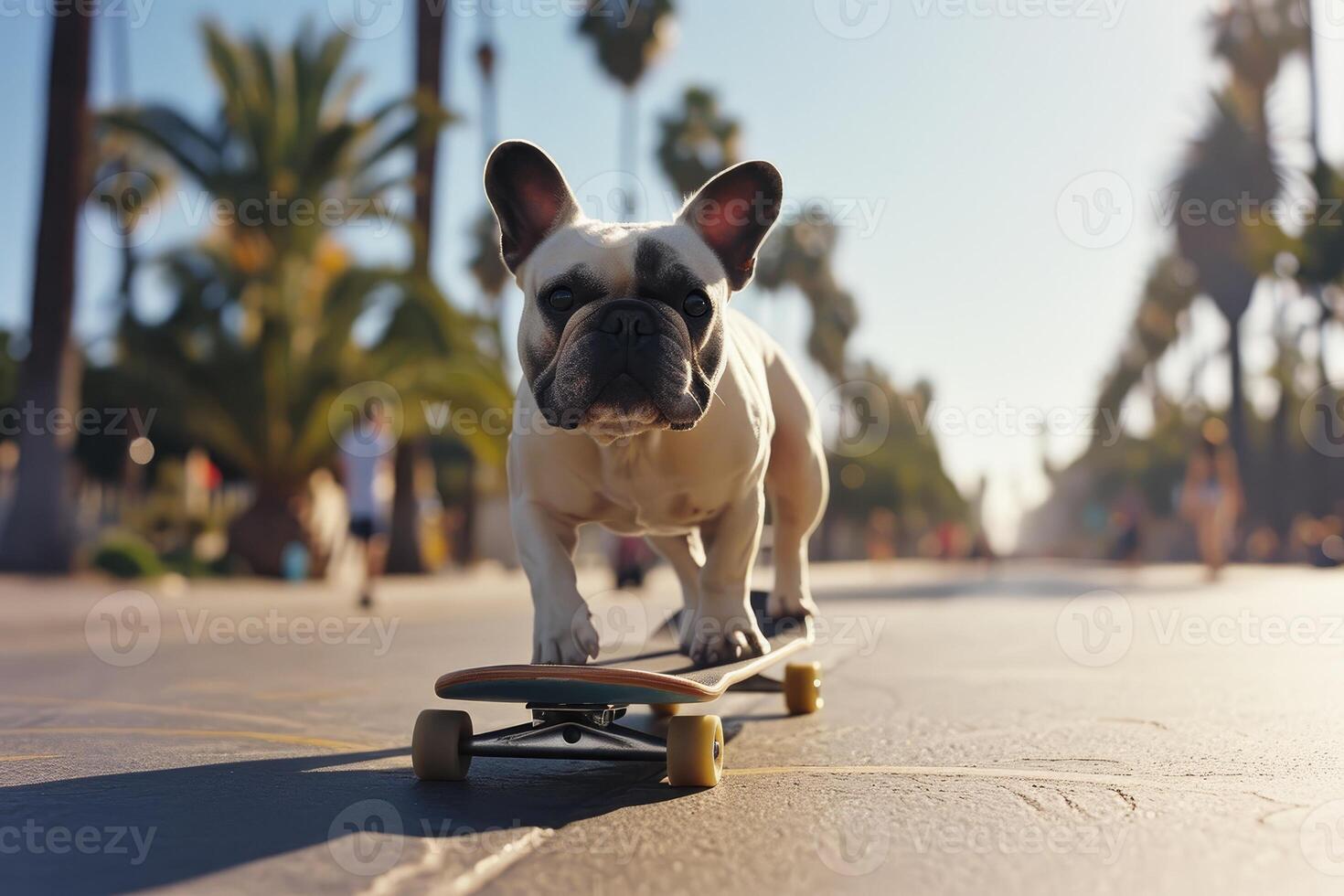 AI generated Skateboarding dog. Funny dog rides skateboard on the street in summer city photo