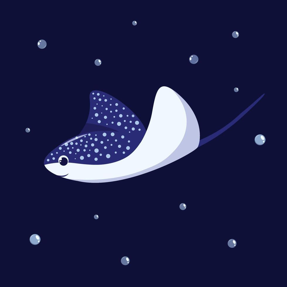 Cartoon vector drawing of a cartoon stingray on a dark background. Funny water creatures