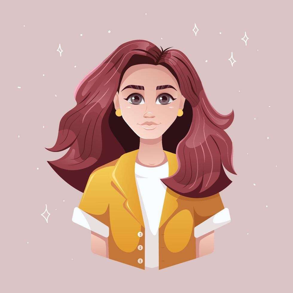 Avatar for a girl portrait of a user with gray eyes. Female character. Vector illustration in flat cartoon style.