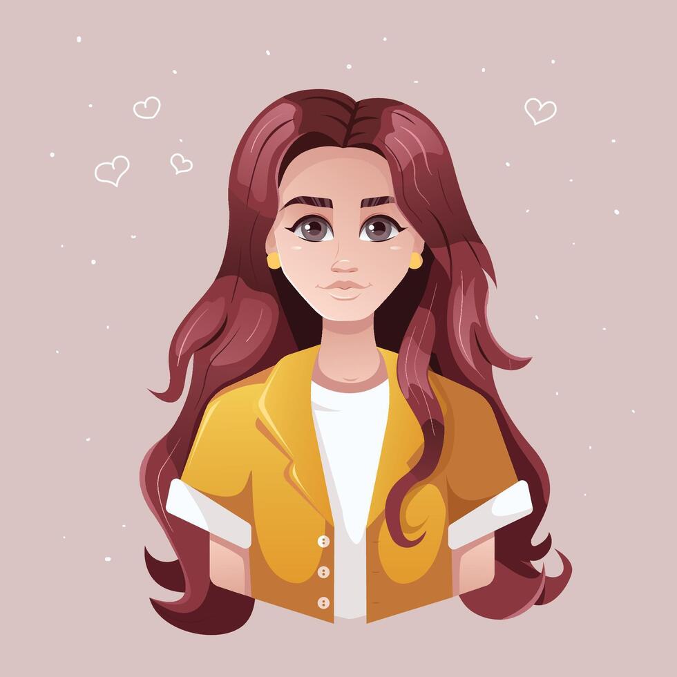 avatar para un niña retrato de un usuario con largo cabello. hembra personaje. vector ilustración en plano dibujos animados estilo.