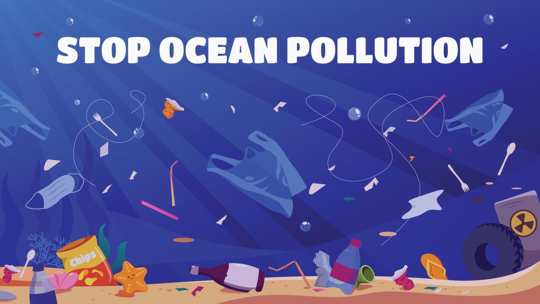 Stop ocean pollution. ocean pollution seabed with plastic trash vector