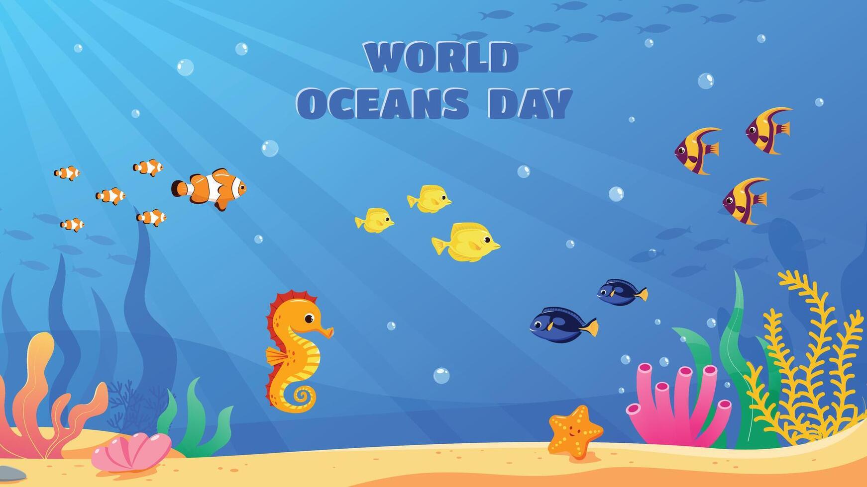 World ocean day vector banner flat style, exotic sea fish and corals. Underwater life.vector world oceans day background