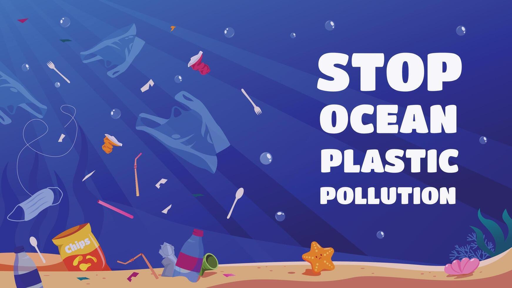 detener Oceano el plastico contaminación. vector póster acerca de parada Oceano el plastico contaminación con un pila de basura en el Oceano