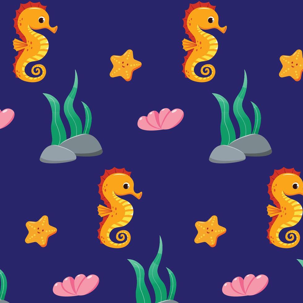 cartoon vector seamless pattern with seahorses and starfish. Vector marine seamless pattern
