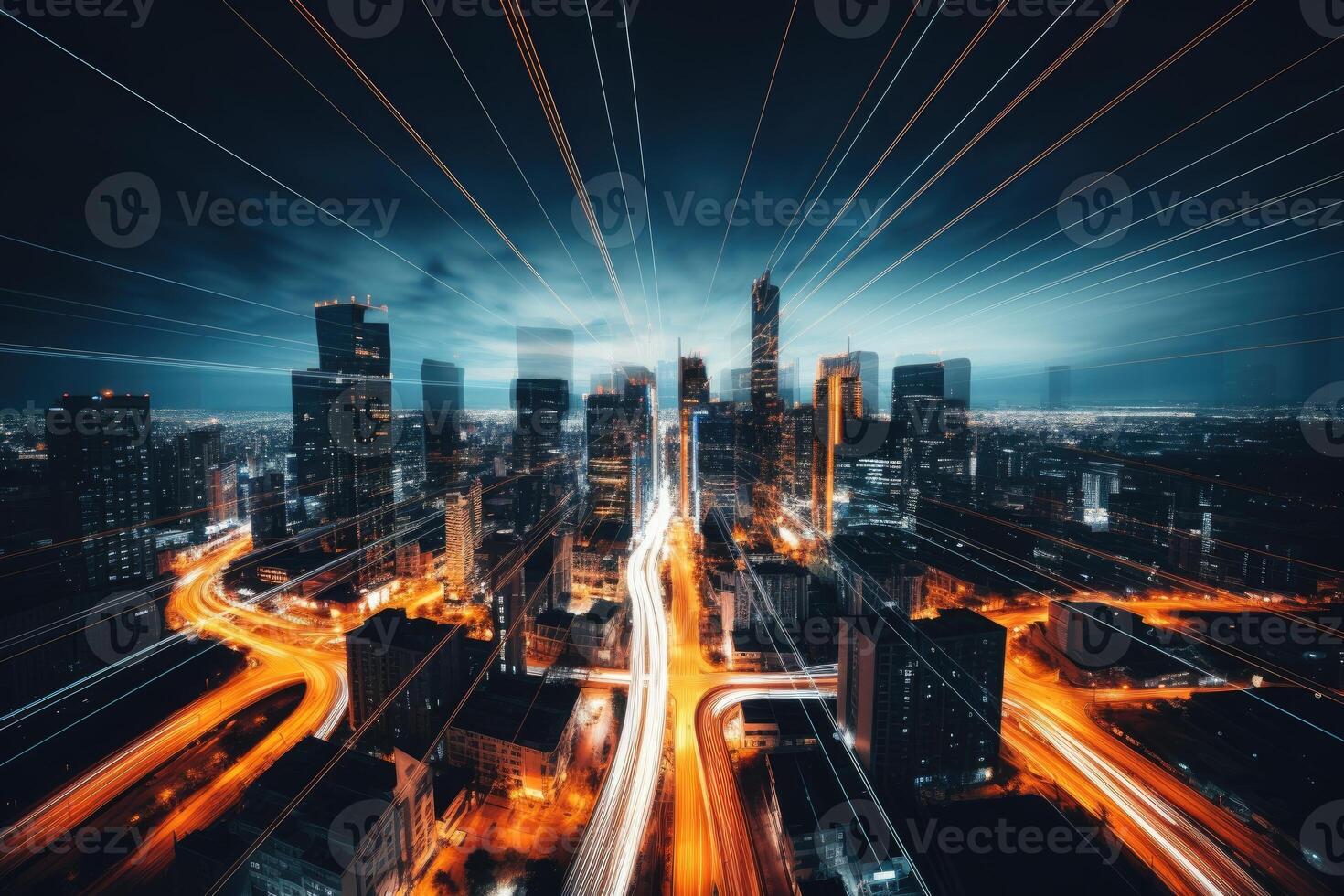 AI generated City at night aerial view for time lapse photography for business banner photo