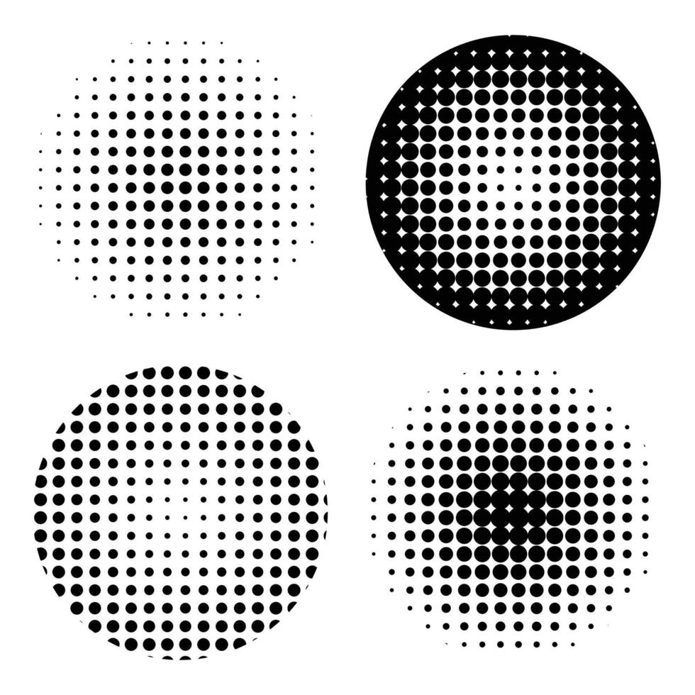 Set of abstract halftone design elements. Set of black halftone dots. Circle halftone. Abstract dotted circles vector