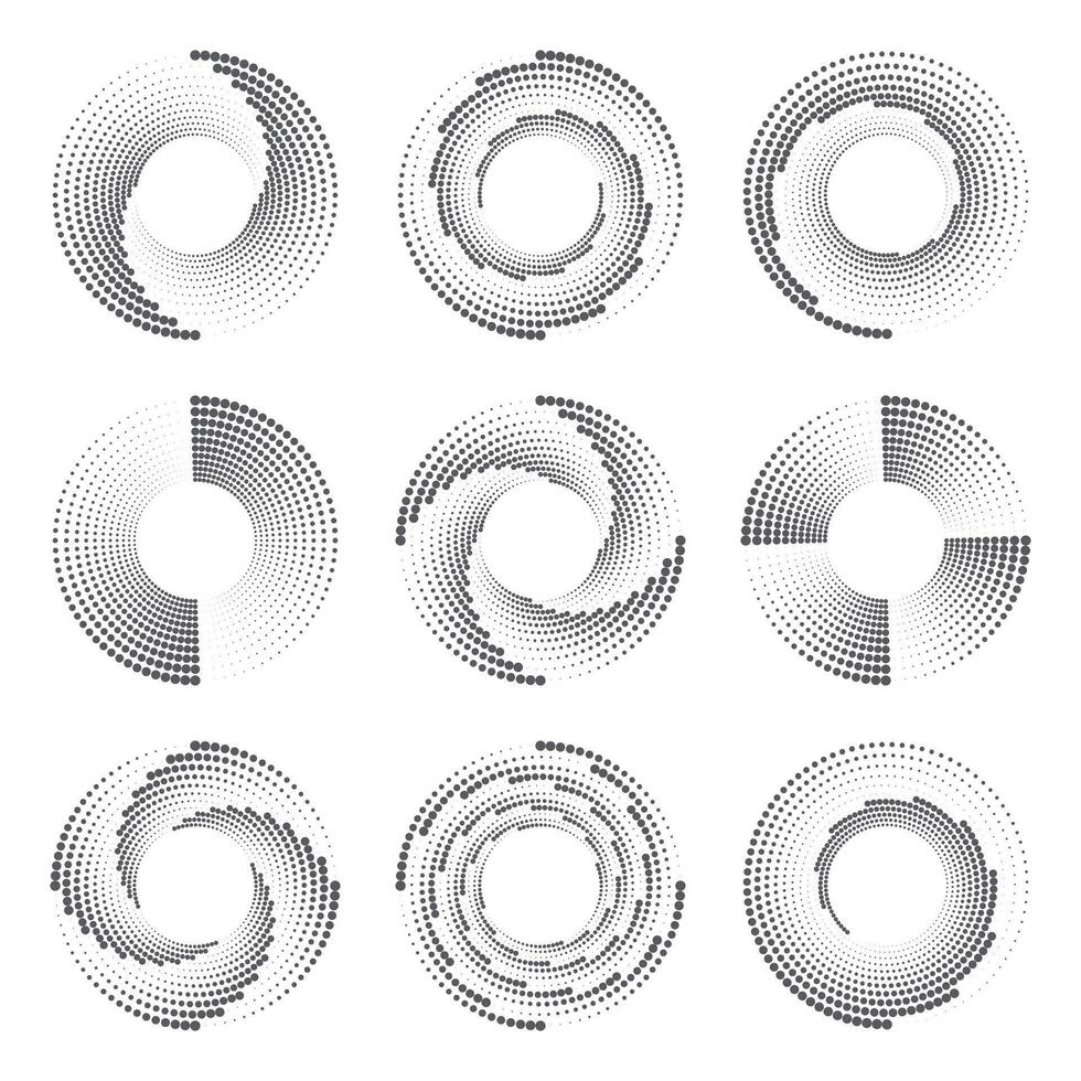 Halftone circular dotted frames set. Round dotted frame. Vector rotating dotted circles design. Half tones collection. Round logo