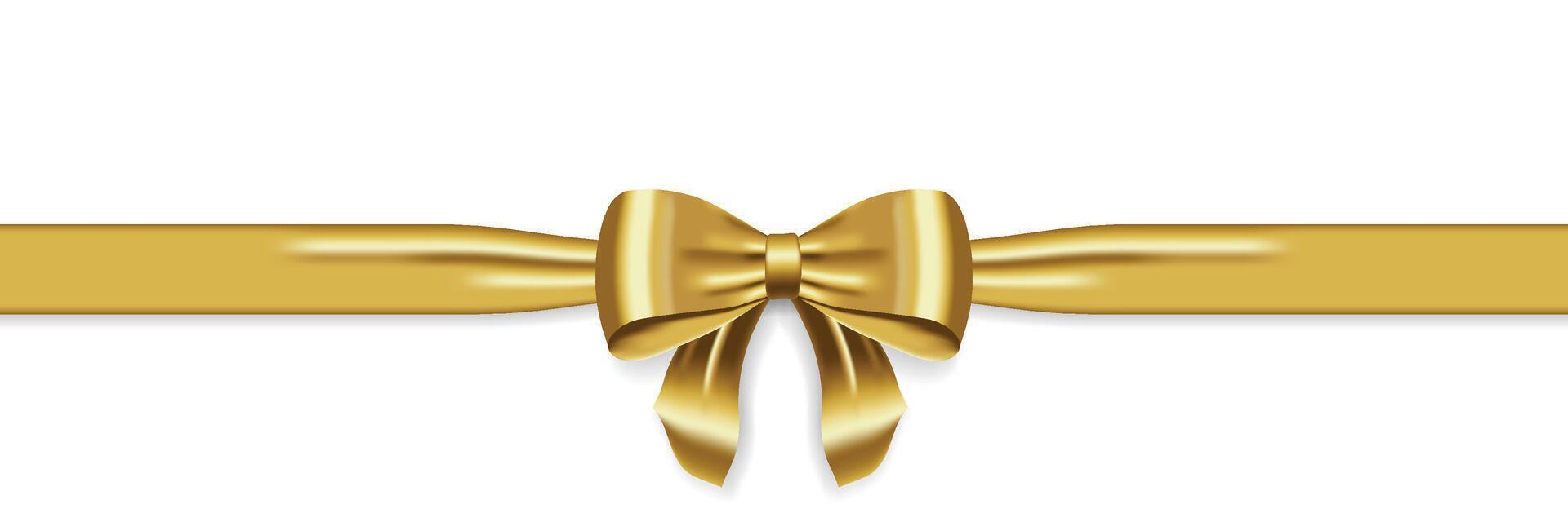 Satin decorative golden bow with horizontal yellow ribbon. Realistic gold bow for decoration design. Element for decoration gifts, greetings, holidays vector