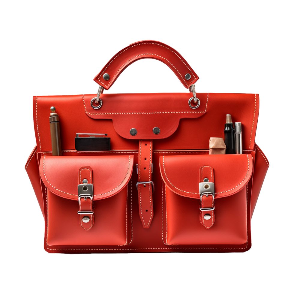 AI generated Red leather craftsman work bag opened isolated on transparent background png