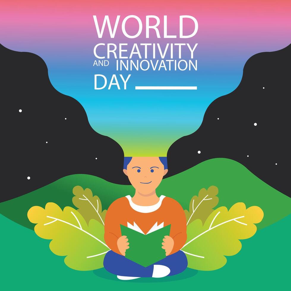 illustration vector graphic of A man's head emits rainbow waves while reading a book, perfect for international day, world creativity and innovation day, celebrate, greeting card, etc.