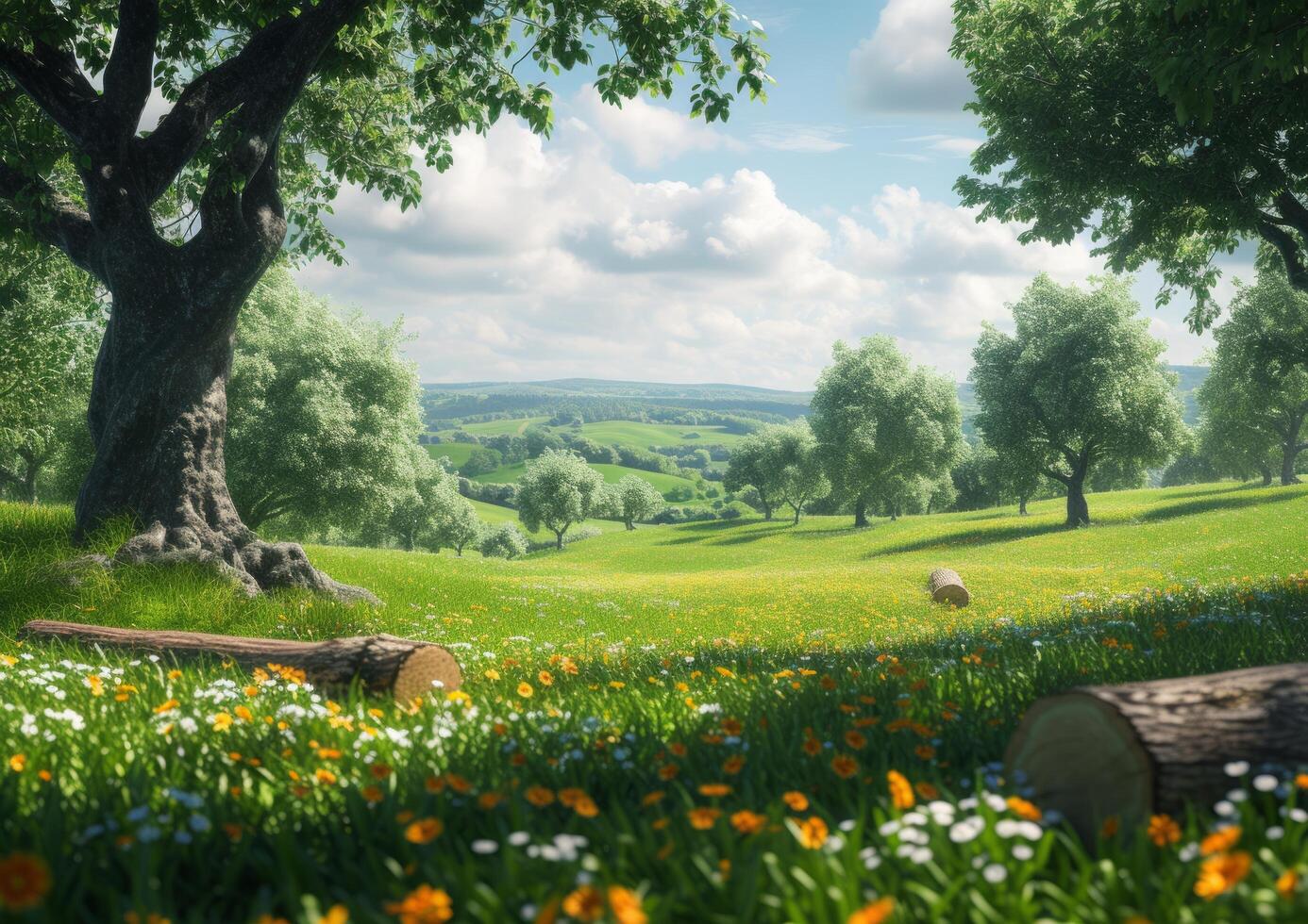 AI generated a green field with trees and logs are shown photo