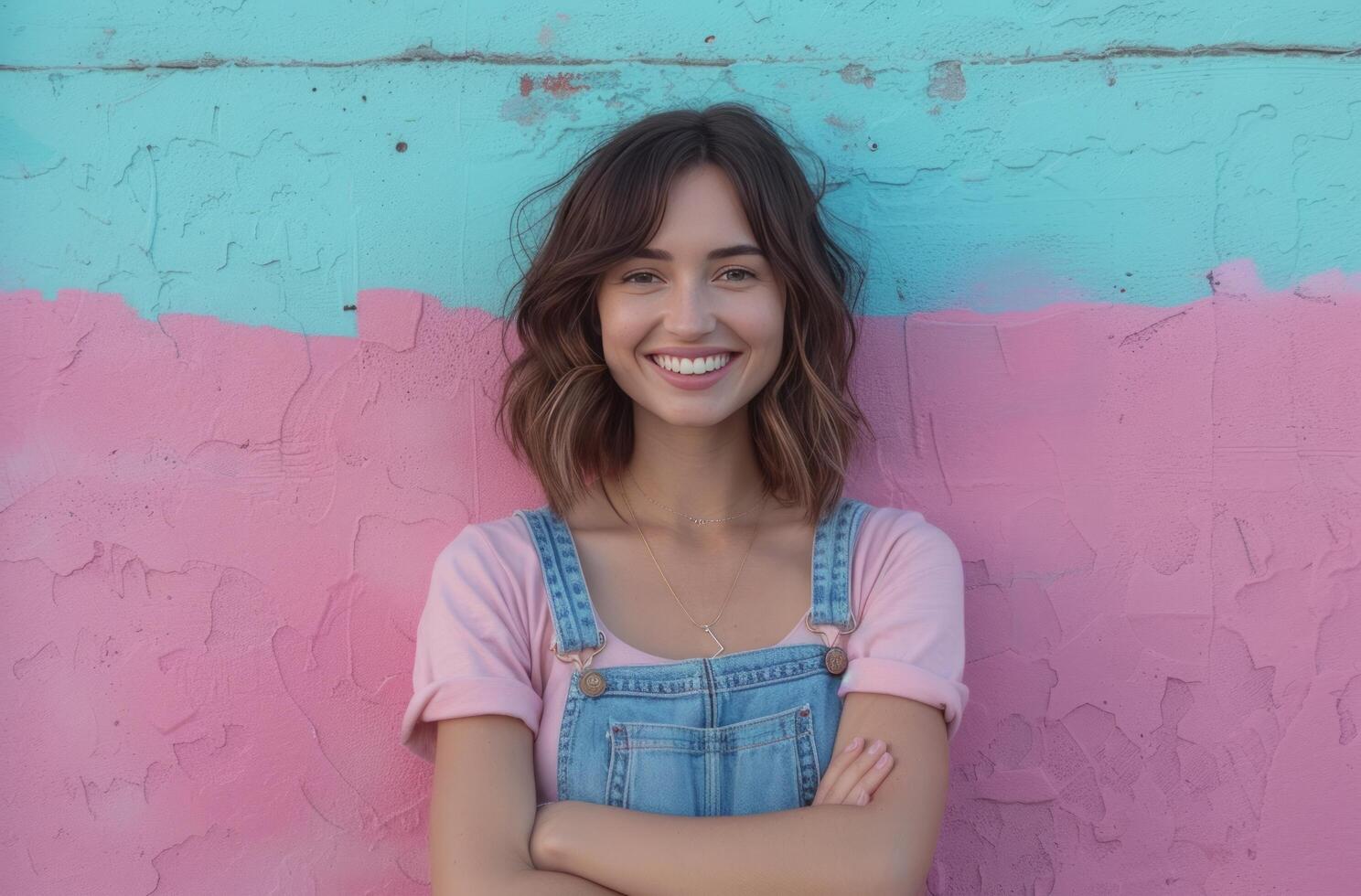 ai generado un joven mujer sonriente con brazos doblada foto