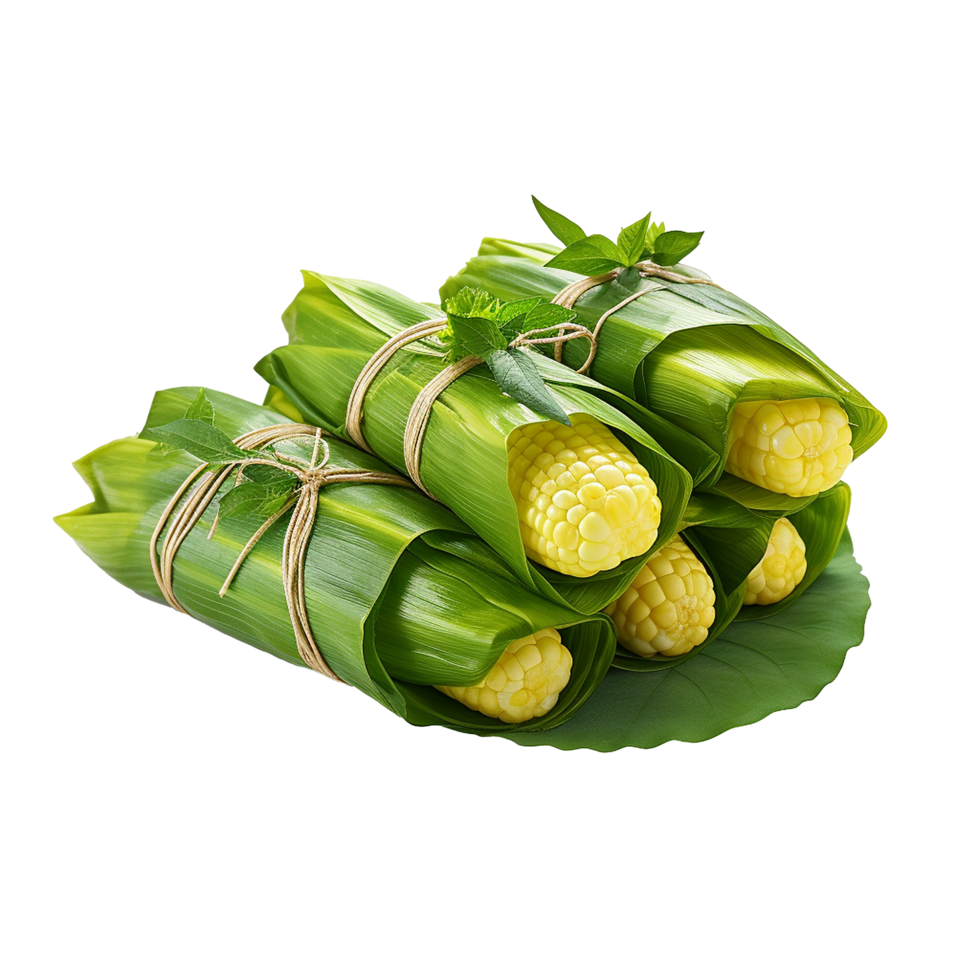 AI generated Sweet corn wrapped in banana leaves png isolated on transparent backgroun