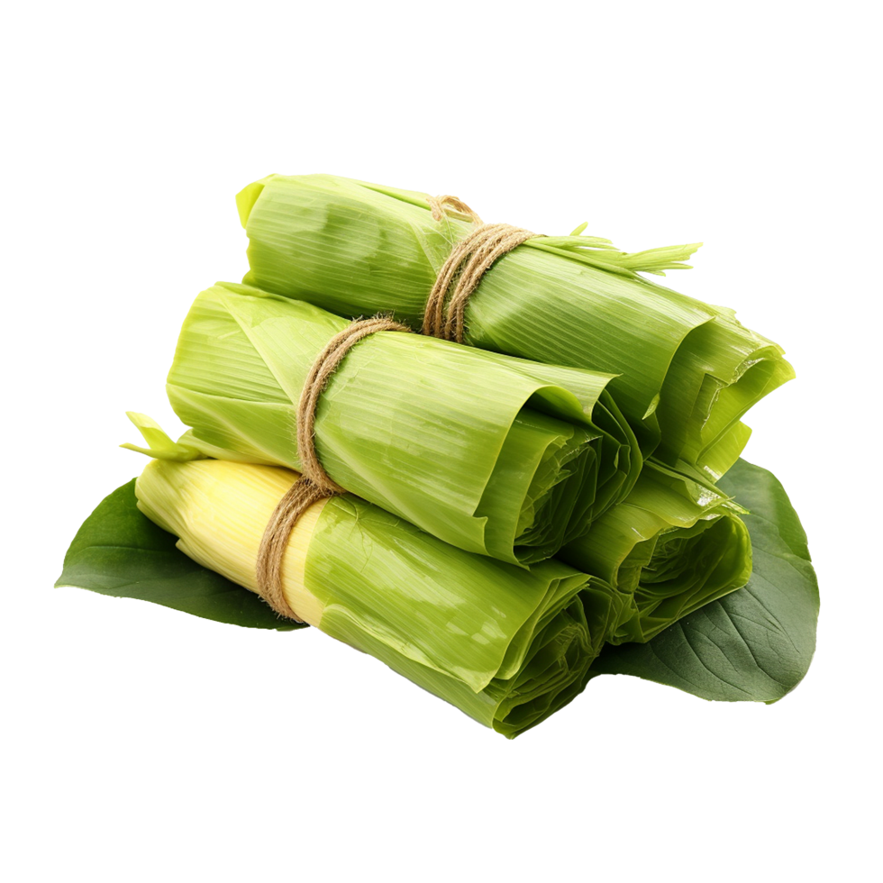 AI generated Sweet corn wrapped in banana leaves png isolated on transparent backgroun