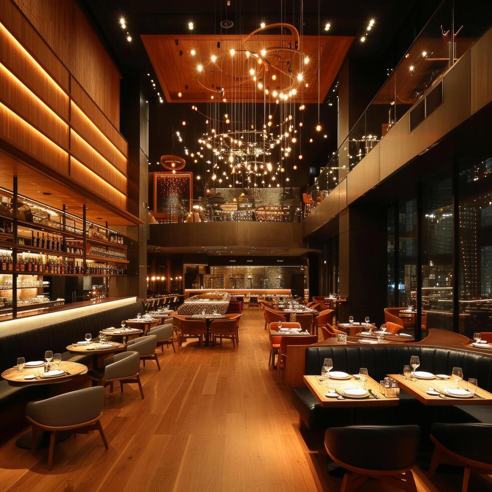 AI generated A modern restaurant interior designed for discerning palates and an elevated dining atmosphere. photo