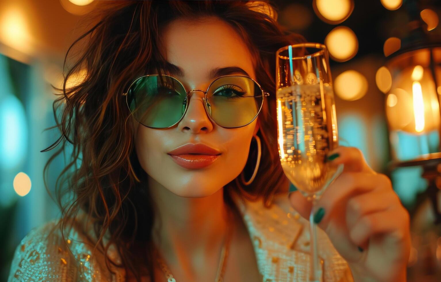 AI generated girl with green glasses holding the champagne glass photo