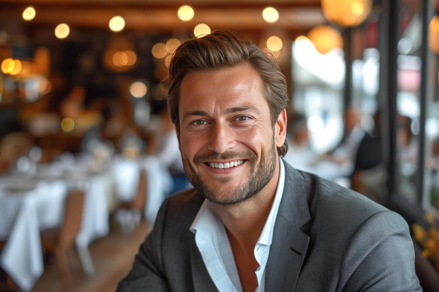 AI generated attractive business man showing his smile in restaurant photo