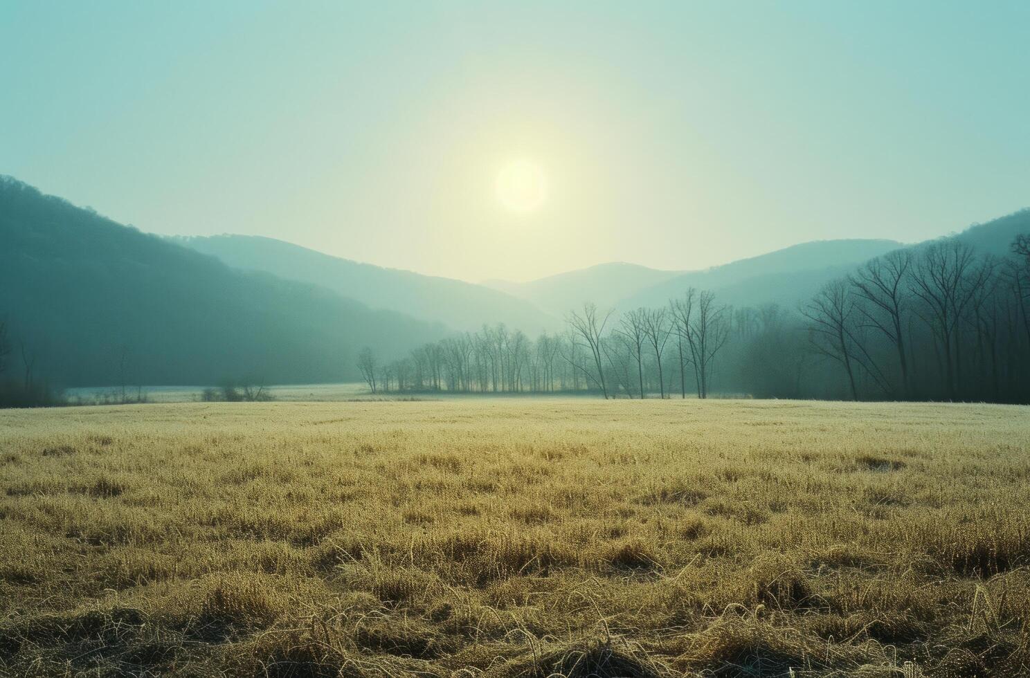 AI generated close up of the sun on a grassy field overlooking a mountain range across the horizon photo