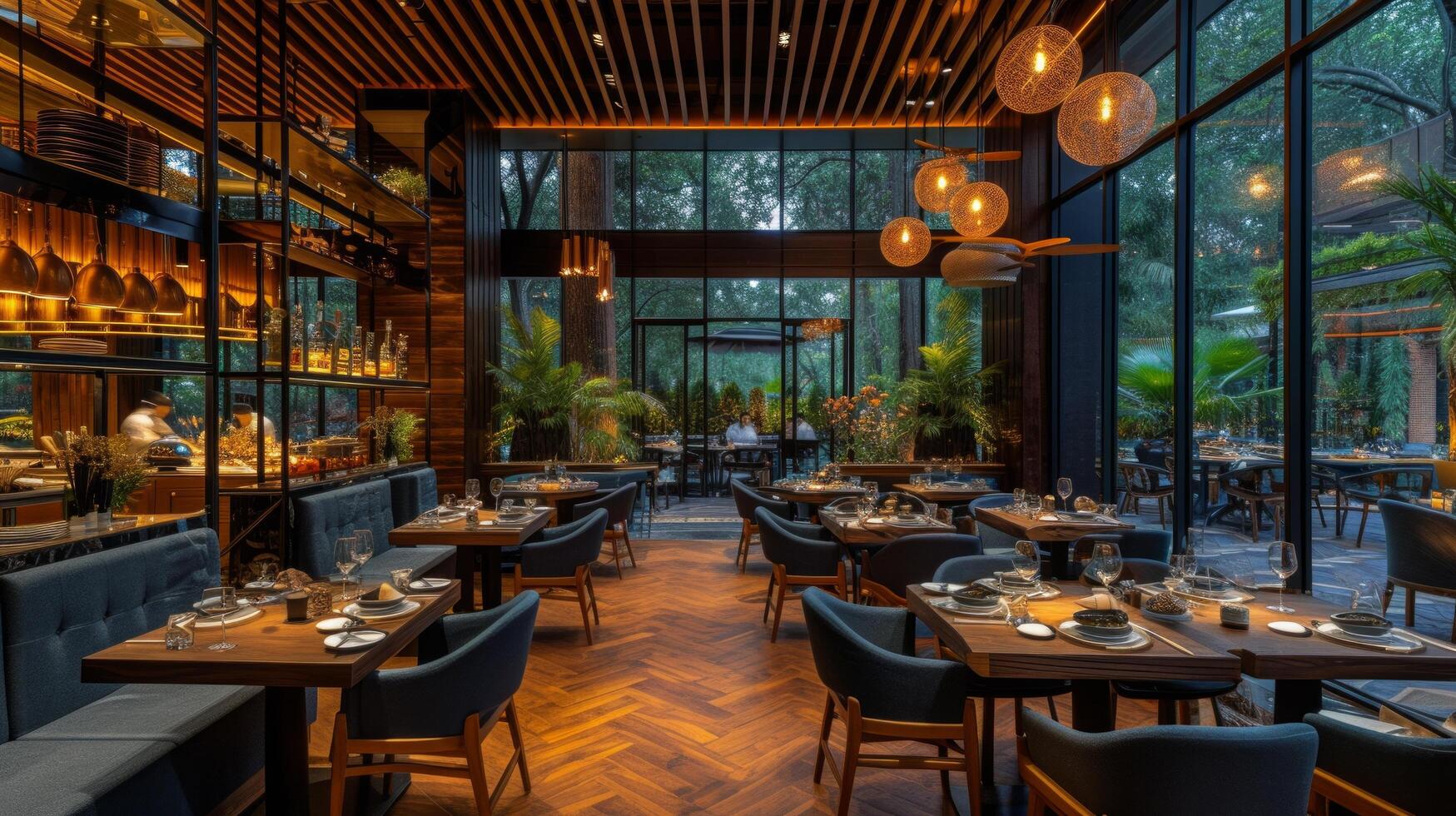 AI generated Contemporary restaurant design harmonizes with gastronomic pleasures, creating a memorable dining ambiance. photo