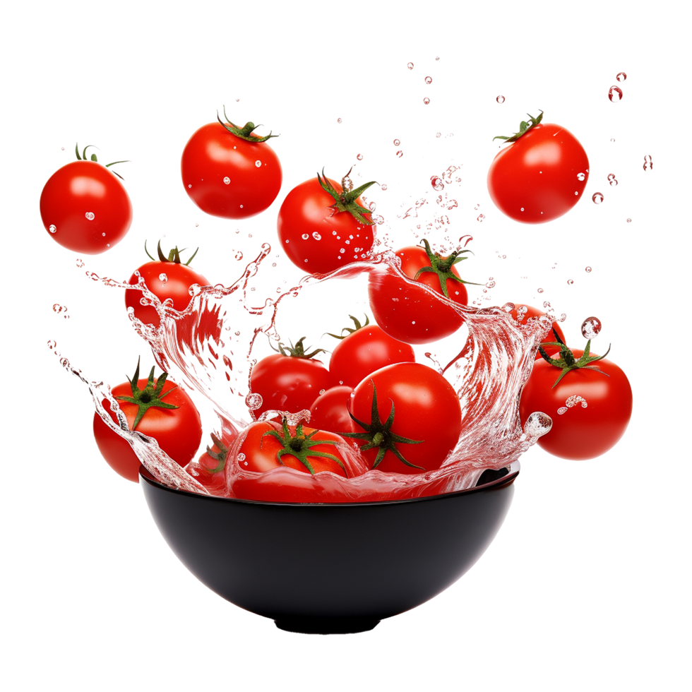 AI generated Fresh tomatoes flying in bowl isolated on transparent background png
