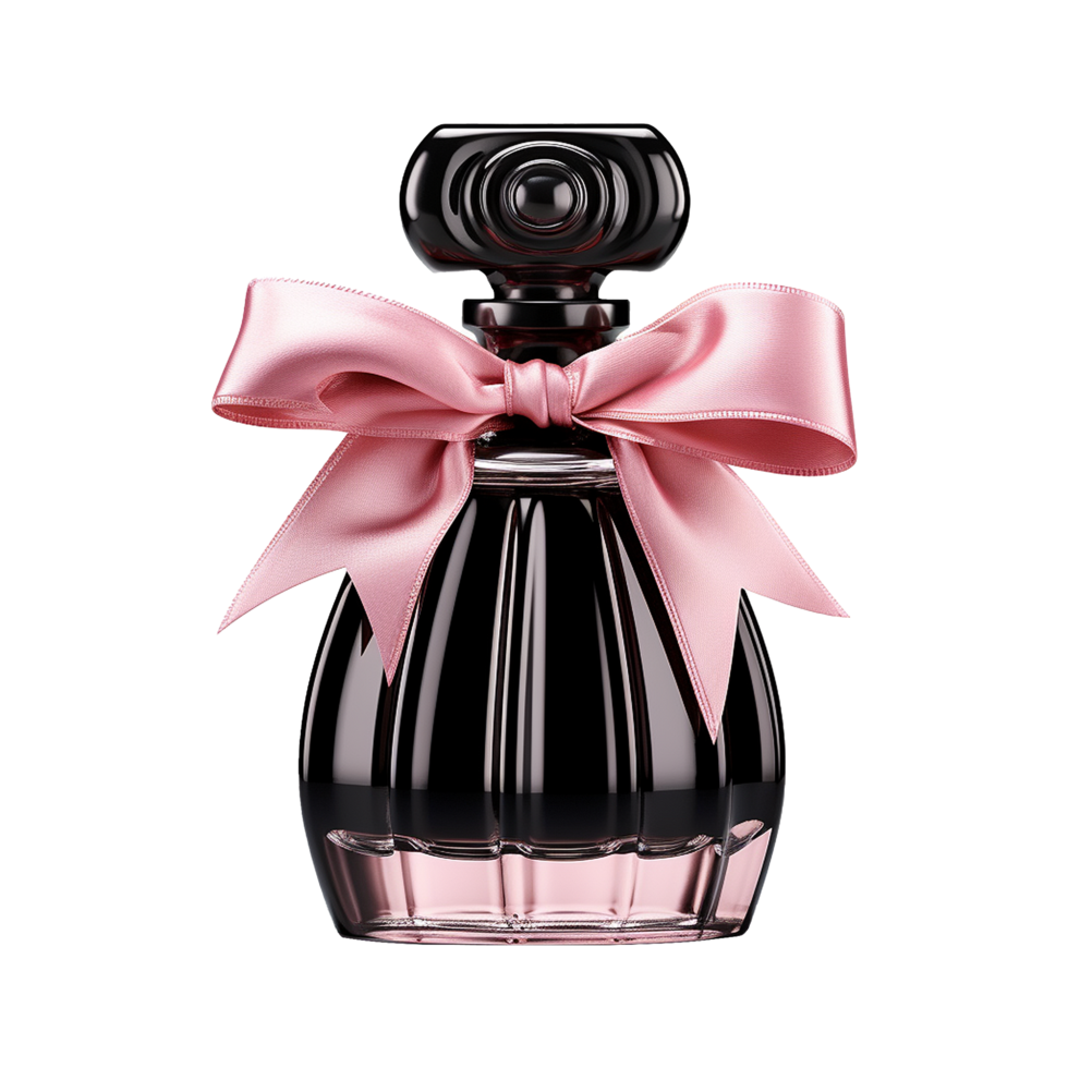 AI generated Black glass perfume bottle and pink ribbon isolated on transparent background png