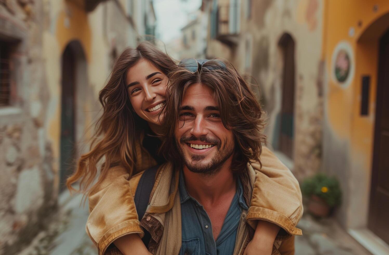 AI generated man piggybacking girl on a street in lazio happy couple photo