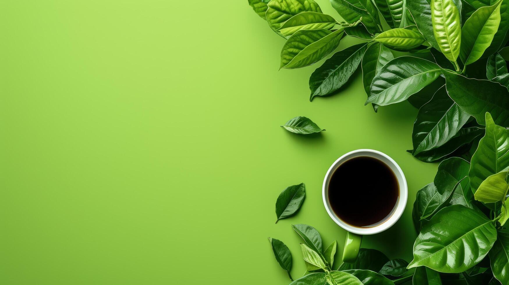 AI generated minimalist vivid advertisment background with green coffee and copy space photo