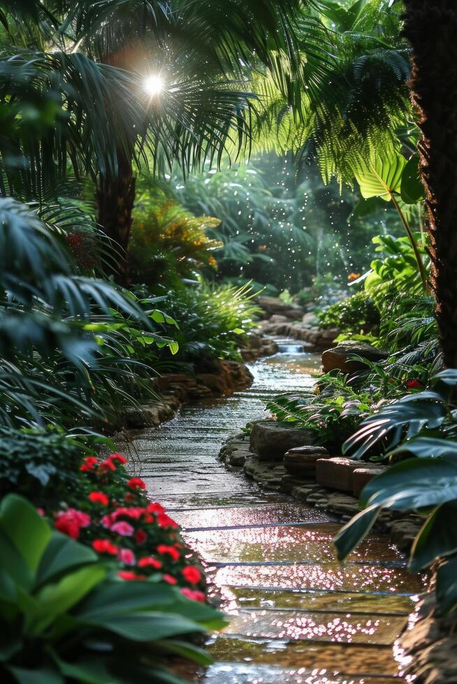 AI generated Romantic escapade in a lush garden, ideal for love-themed advertising photo