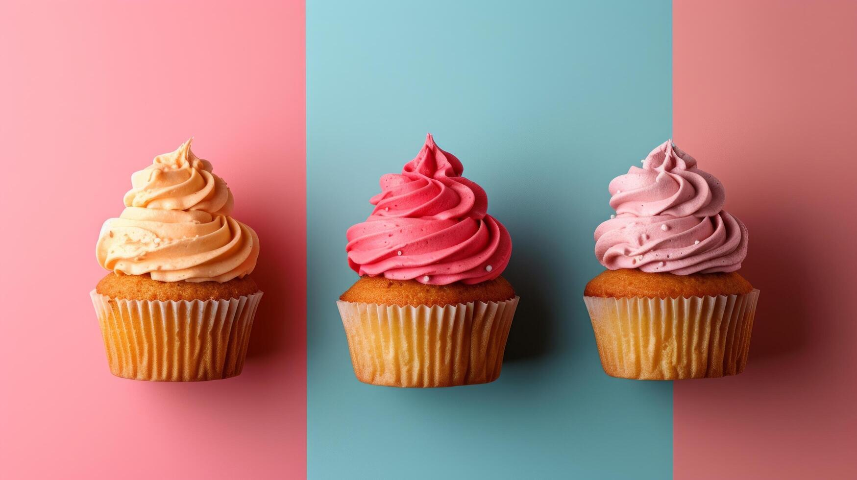 AI generated minimalist vivid advertisment background with cupcakes and copy space photo