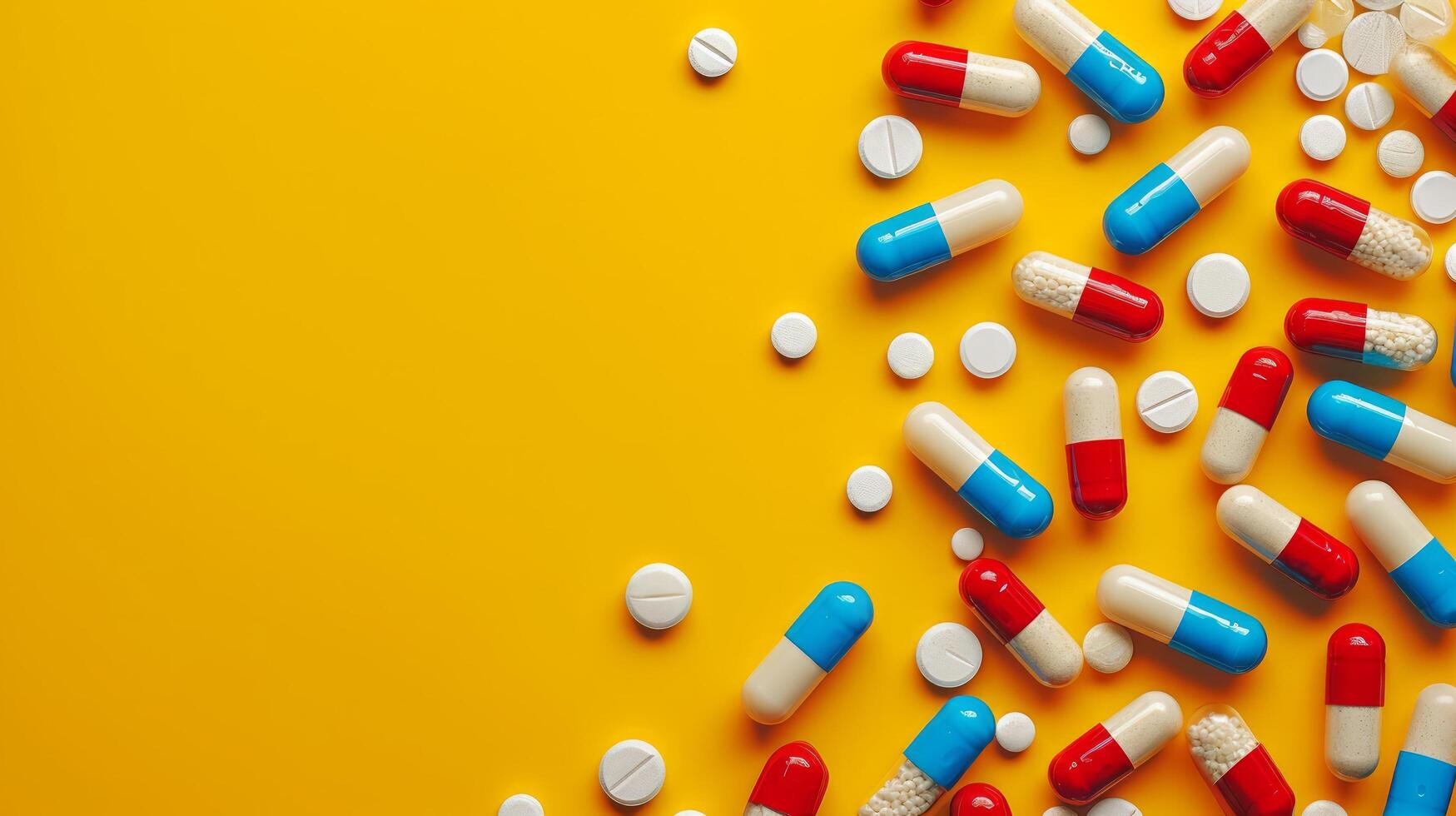 AI generated minimalist vivid advertisment background with medical pills and copy space photo