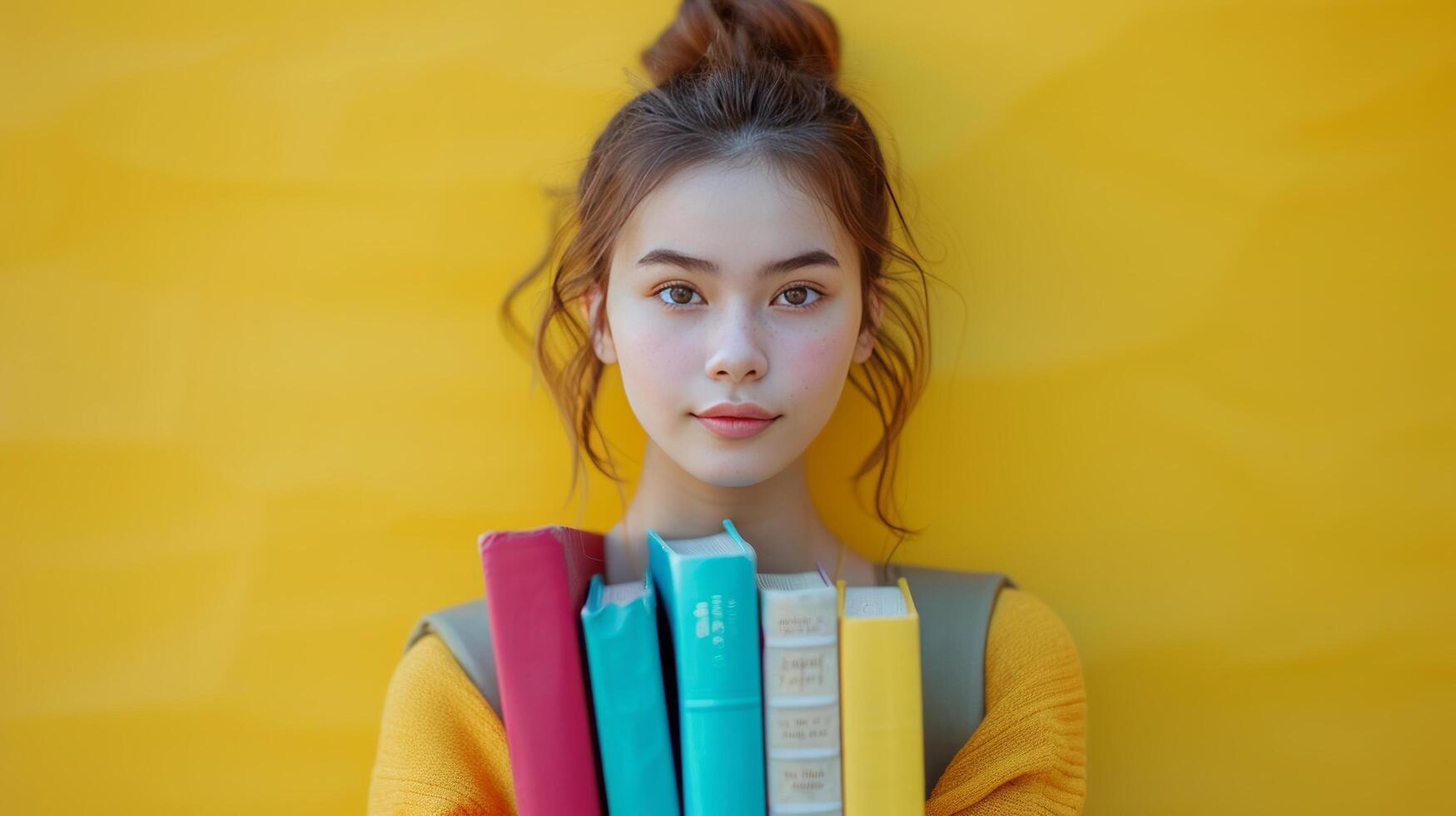 AI generated minimalist vivid advertisment background with handsome girl with books and copy space photo