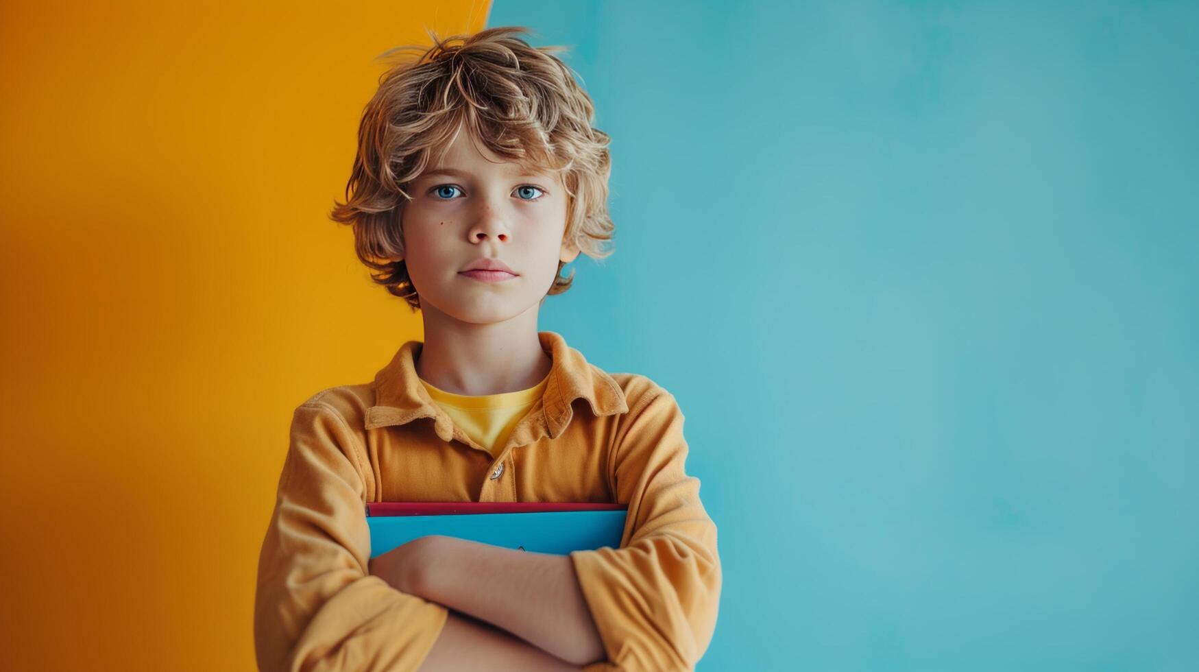 AI generated minimalist vivid advertisment background with handsome boy with books and copy space photo