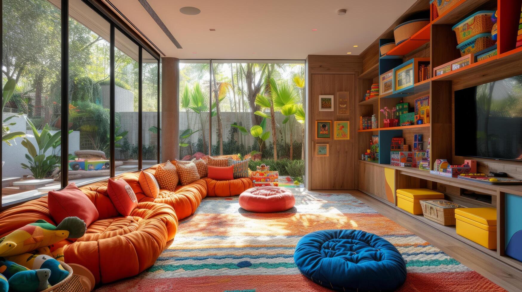 AI generated Toy-Filled Oasis A chic, modern backdrop with ample space for kids' playful activities photo