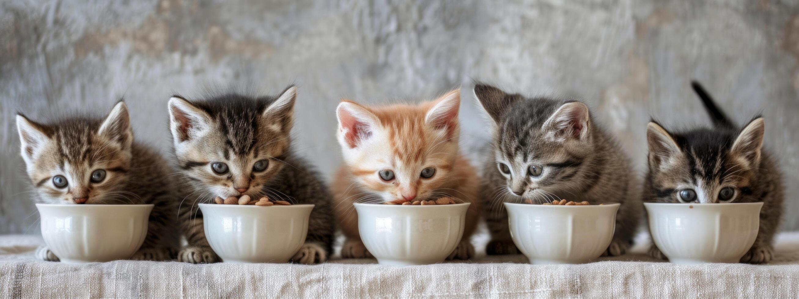 AI generated six small kittens eat food out of a bowl photo