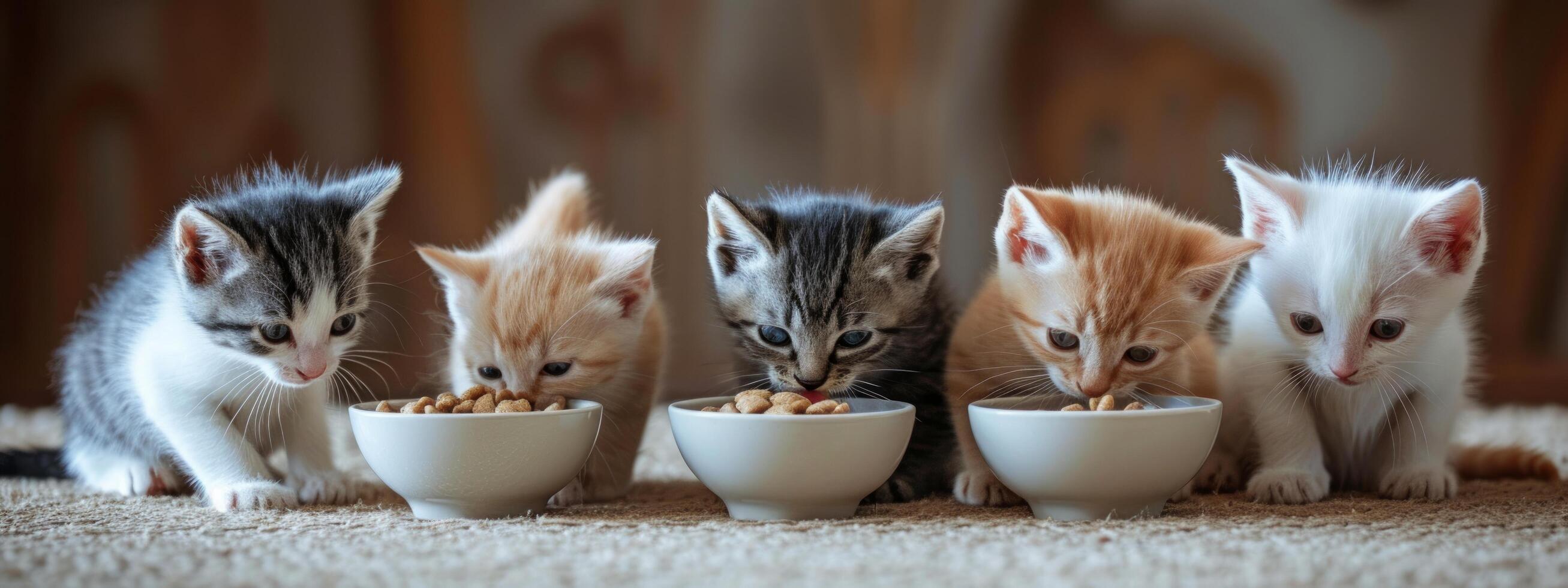 ai generado seis pequeño gatitos comer comida fuera de un cuenco foto