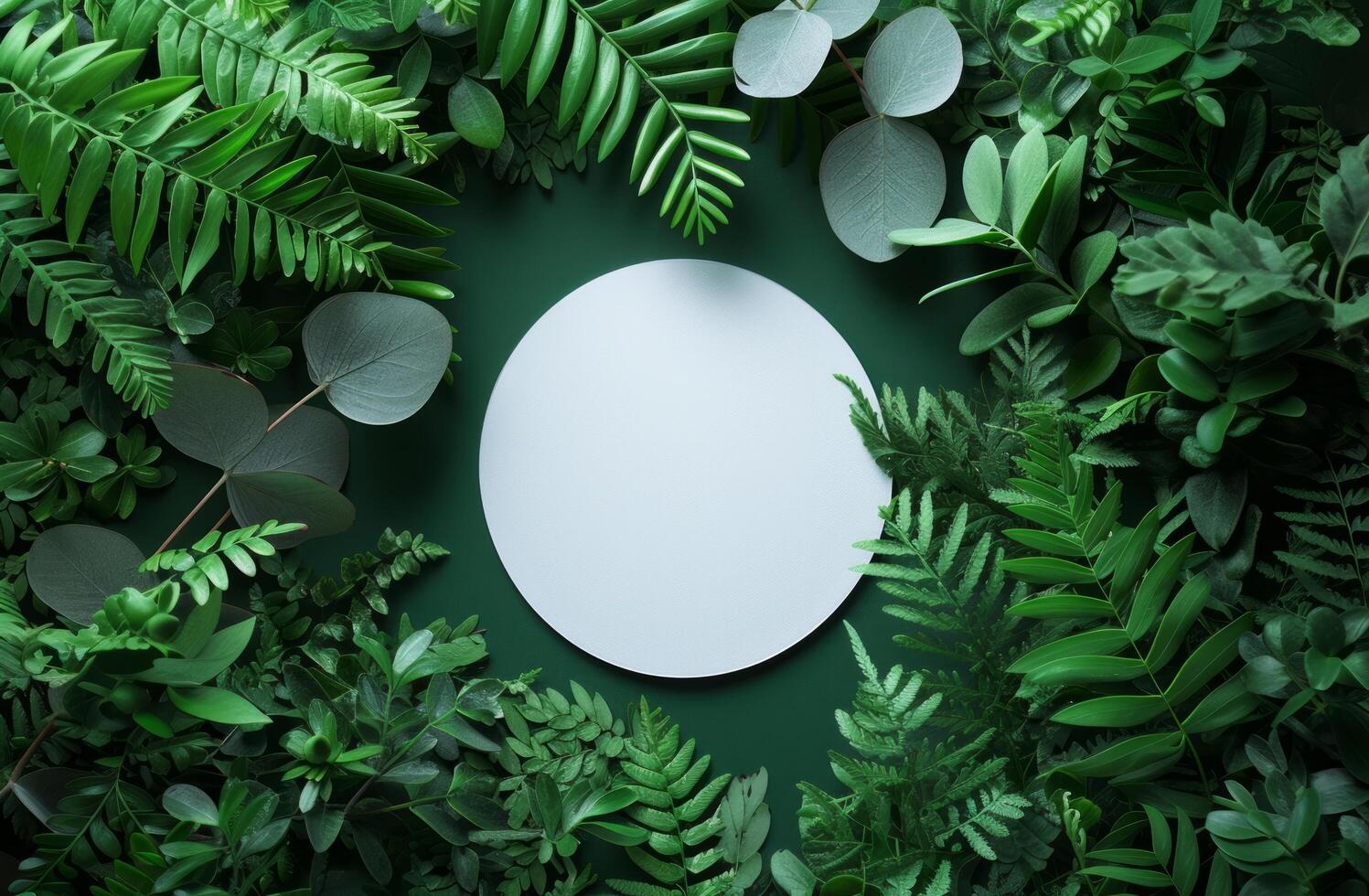 AI generated white circle on green leaves photo