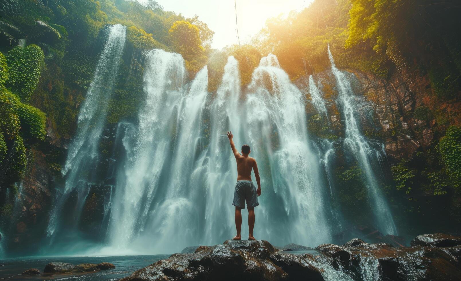 AI generated travel trip to nicaragua with a boy taking selfie with waterfall and waterfall photo