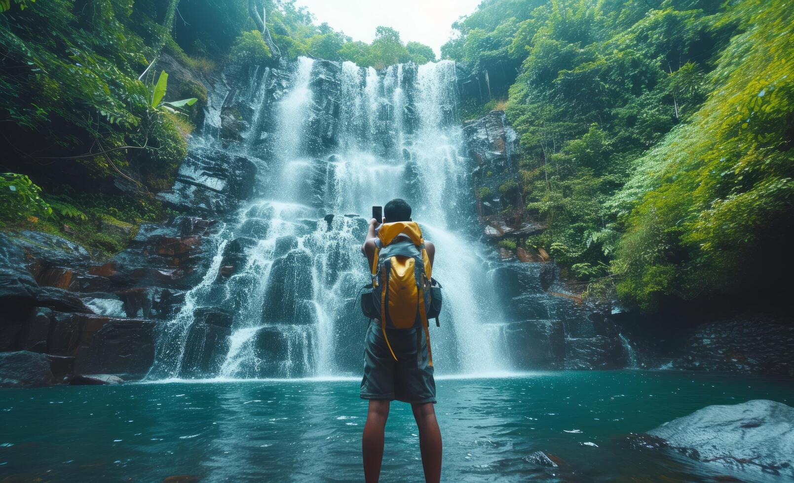 AI generated travel trip to nicaragua with a boy taking selfie with waterfall and waterfall photo