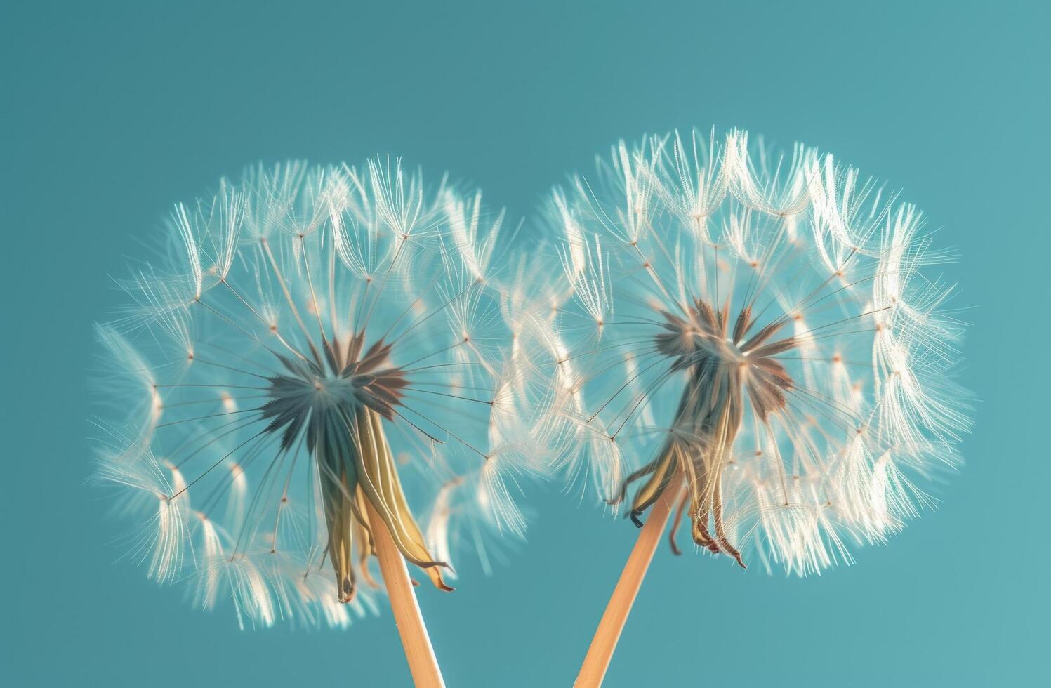 AI generated two dandelion seeds flying in the wind with a blue sky behind photo