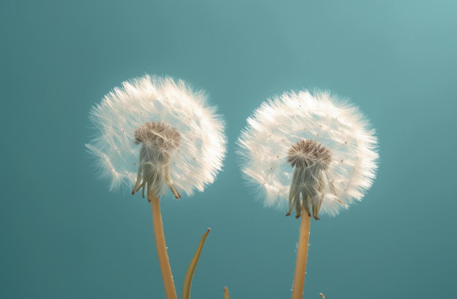 AI generated two dandelion seeds flying in the wind with a blue sky behind photo