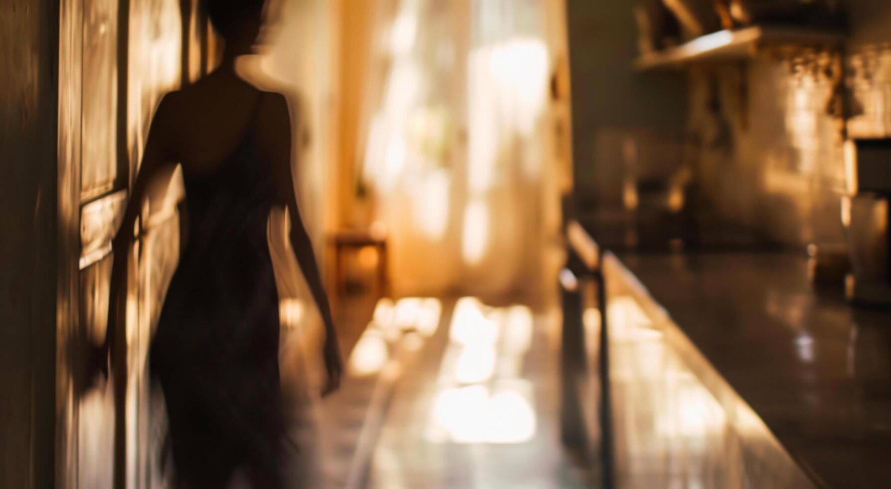 AI generated a woman blurred out of the picture, walks down the hallway photo