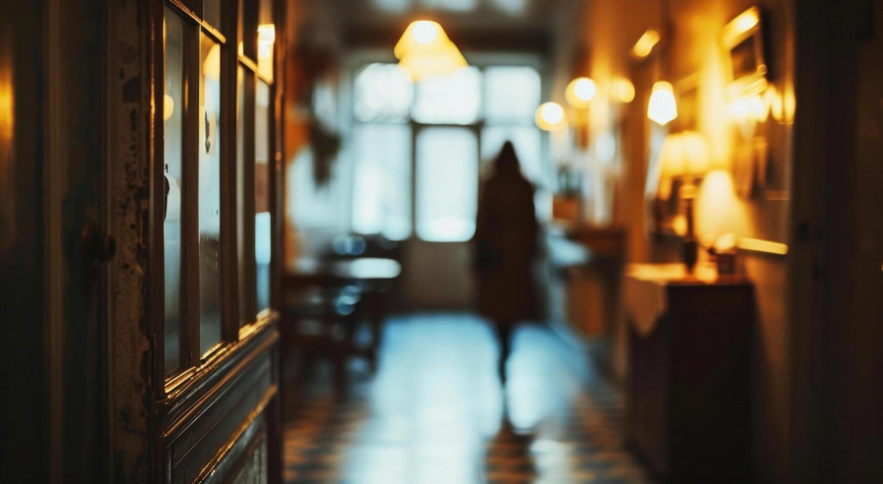 AI generated a woman blurred out of the picture, walks down the hallway photo